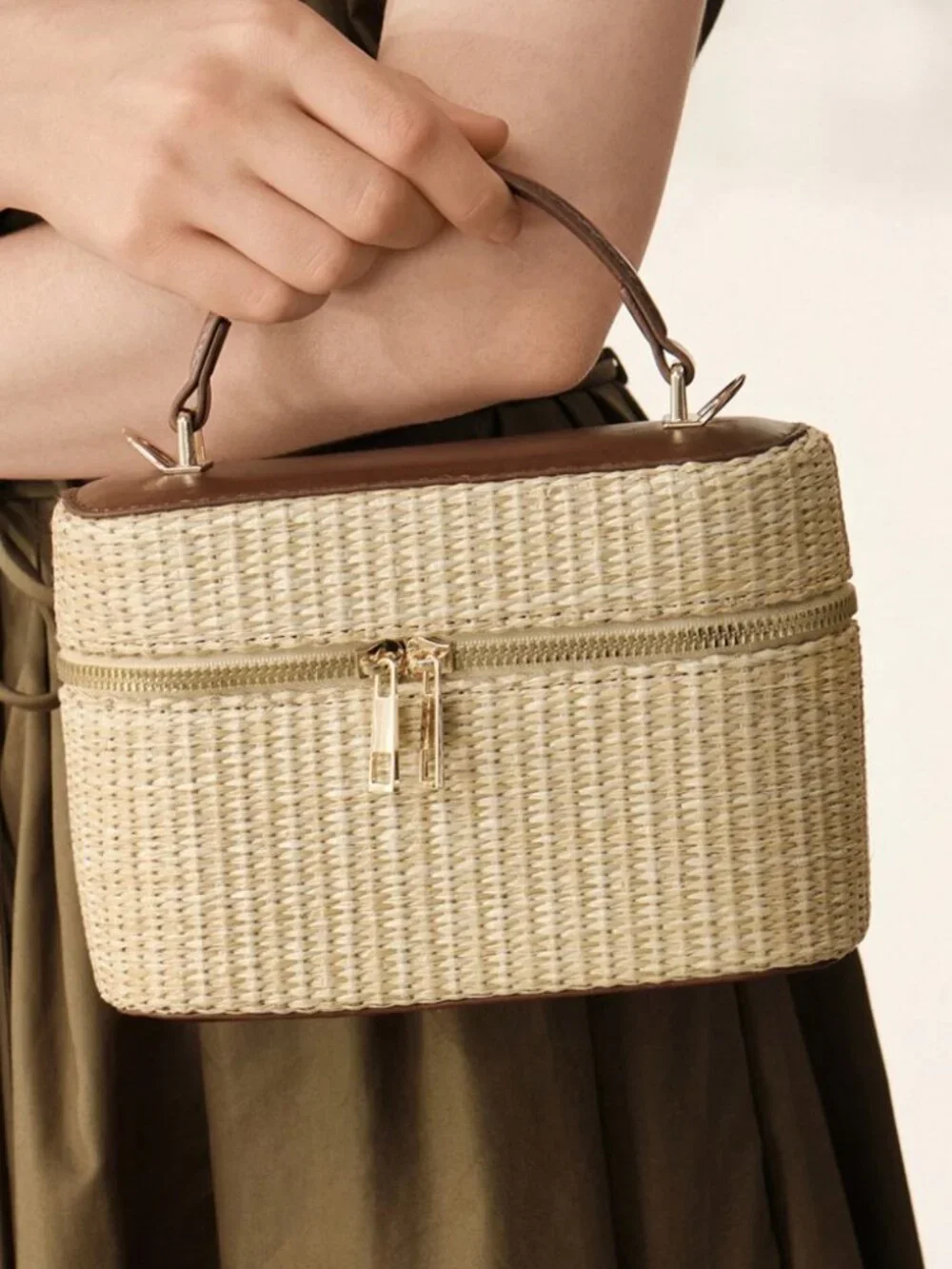 Tan Woven Straw Box Bag with Brown Trim Top Handle